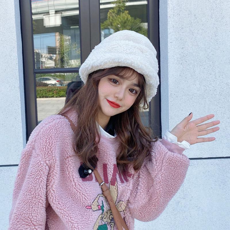 

H7761 Fisherman Hat Women Autumn Winter Warm Plush Imitation Lamb Velvet Bucket Cap Girl Korean Solid Color Cute Fashion Caps, White