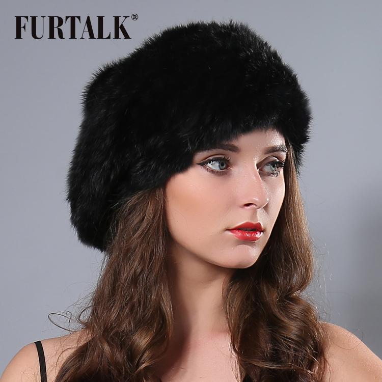 

Fur talk hand knited Flexible natural fur bobble hat beret Russian winter hats for women, White