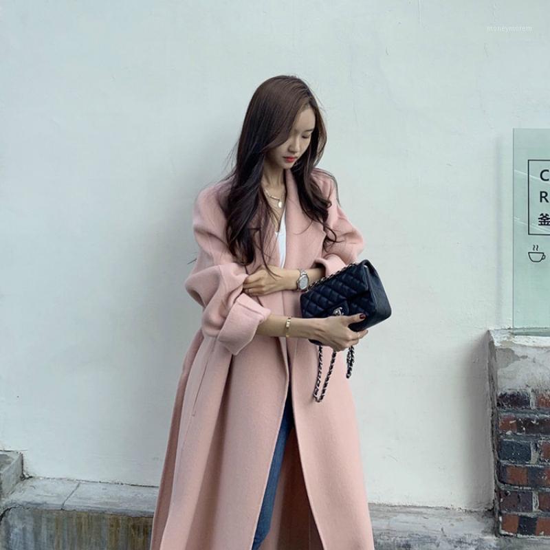 

Winter Korean 2020 High End Women Long Side Split 90% Wool Handmade Pink Double Sided Wool Coat Lacing Belt Loose Woolen Jacket1