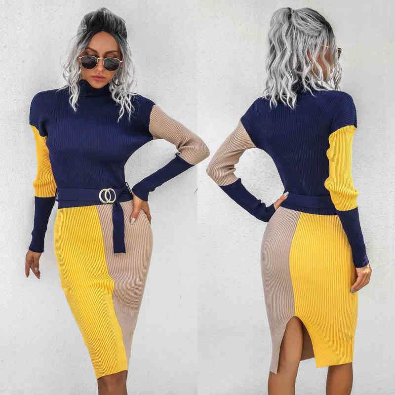 

Autumn Winter Long Sleeve Women Sweater Dress Color Matching High Neck Office Lady Vintage Women' Warm Knitted Dresses G1223, Yellow