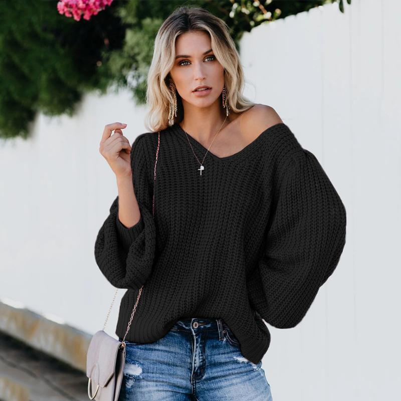 

Women's Sweaters 2022 Solid Color V-Neck Sweater Loose Backless Lantern Sleeve Streetwear Clothes Woman Sweates, White;black