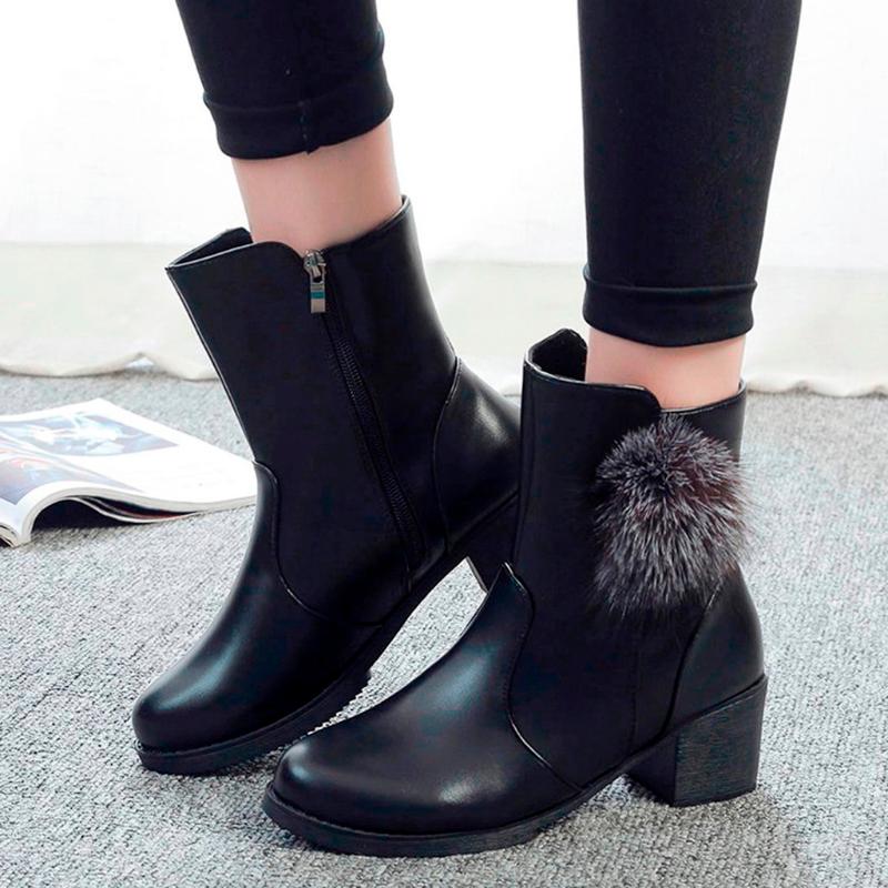

Casual Boots Women Fashion Hair Ball Decoration Side Zipper Soild Round Toe Square Heel Party Boots Botas Mujer Invierno Nice, Black