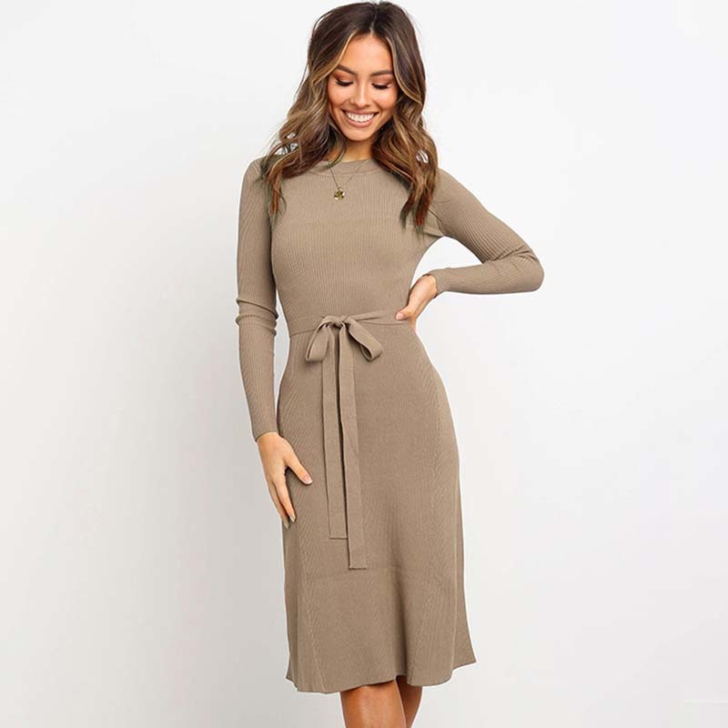 

2020 Autumn Knitted Dress Women Winter Midi Party Dress Ladies Long Sleeve Knitting Sweater Dress Female With Belt, Burgundy
