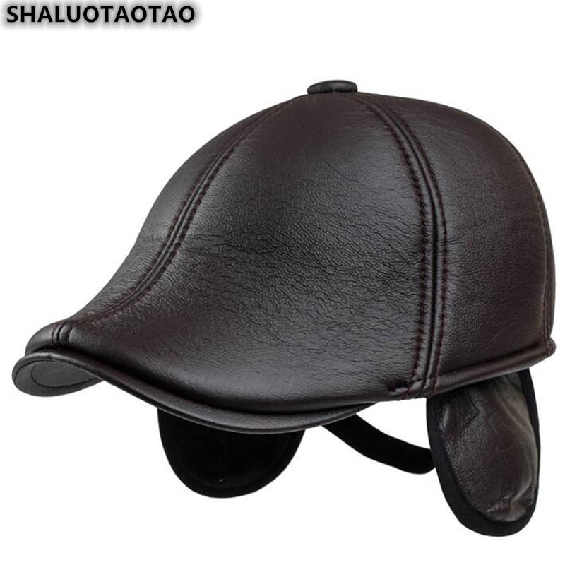 

SHALUOTAOTAO Quality PU Leather Berets For Men's New Fashion Ear Protectors Thermal Winter Hat Elegant Leisure Brands Dad's Cap, Black