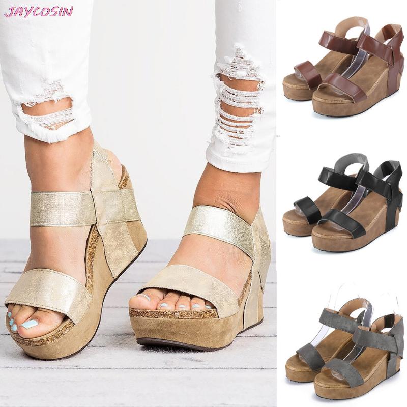 

2021 Women Open Toe Breathable Beach PU Sandals Rome Elastic Band Casual Wedges Shoes Big Size Round Toe 35- 43 Drop #25