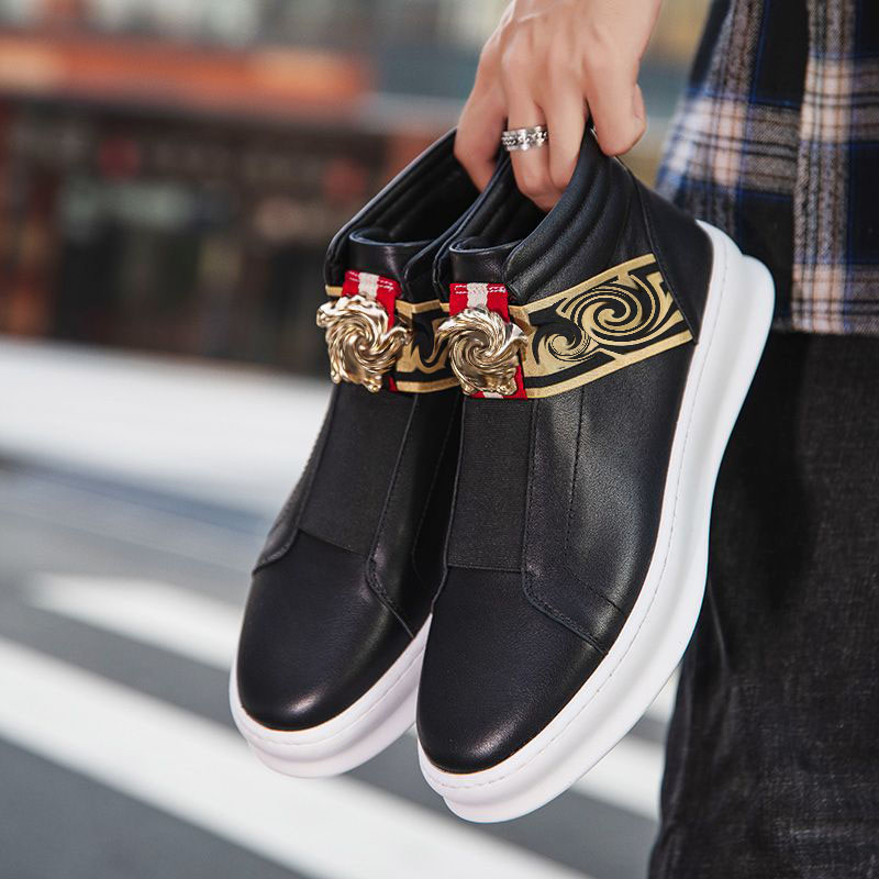 

Men shoes Sports Boots PU leather Autumn Round Head Fashion Ankle Elastic Band Metal Buckle Printing Decoration Leisure DH116, White