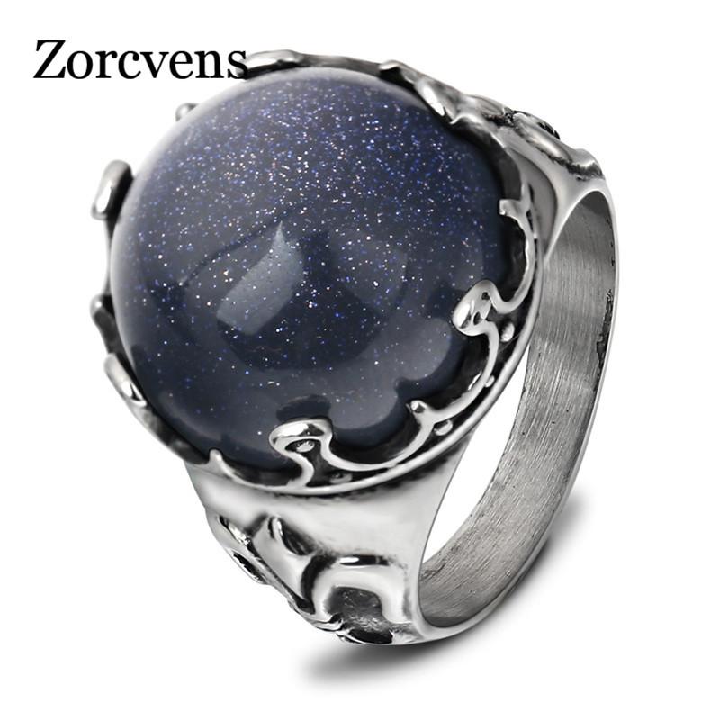 

ZORCVENS 2021 Vintage Fashion Retro punk shining blue sand stainless steel ring for man and women