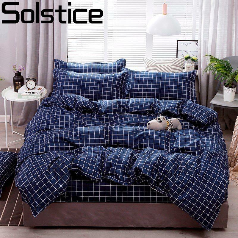

Solstice Dark Blue Plaid Style Comforter Bedding Sets Queen Size Bed Linen Bedclothes Pillowcase Printing Bed Sheet Duvet Cover