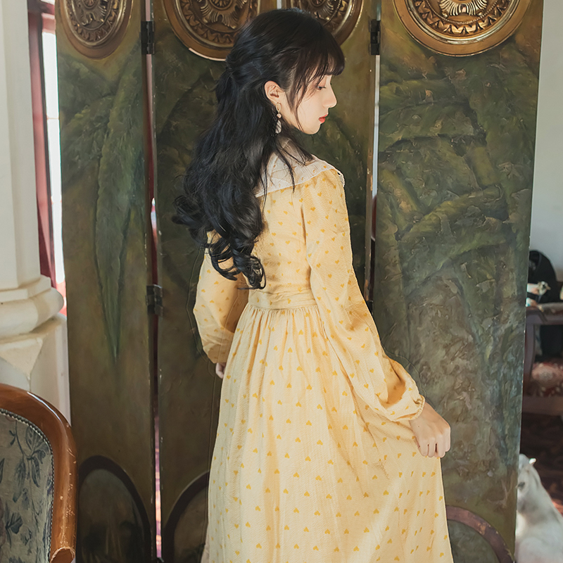 

Chiffon Dot Long Spring Summer Full Robes Mid-calf Fitting and Enlargement Peter Pan Collar Sweet Dress 2021 Oco1, Blue