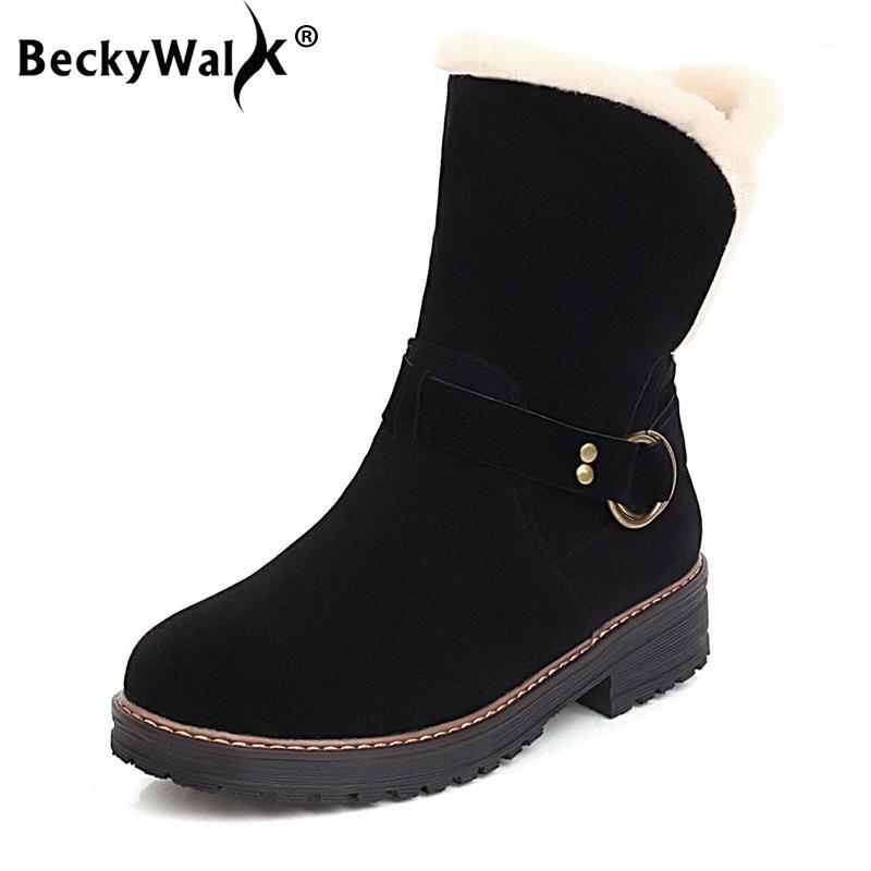

2020 Buckle Belt Women Snow Boots Plush Warm Platform Shoes Woman Square Low Heels botas femininas Winter Boots Women WSH37351, Brown