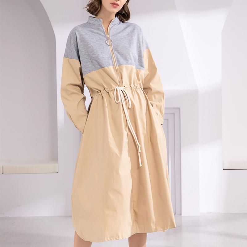 

New 2020 Women Autumn Spring Dresses Sporty Style Patchwork Elastic Waist Zipper Long Sleeve Casual Lace Up, Beige