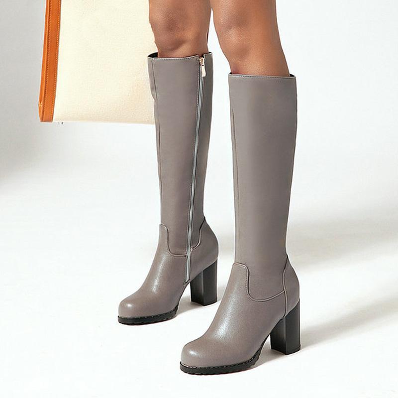 

AIWEIYi Woman Knee High Boots Black Brown Fur Warm Snow Boots Block High Heels Motorcycle Long Botas Mujer1