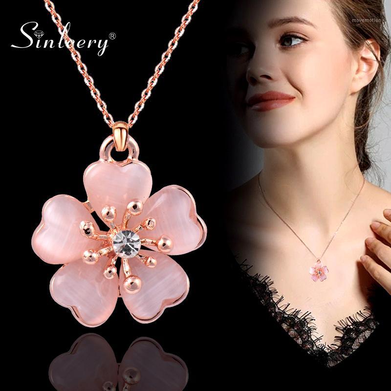 

SINLEERY Fashion Solid Pink Opal Plum Flower Pendant Necklace Rose Gold Color Wedding Jewelry For Women Girl Bijoux XL260 SSC1