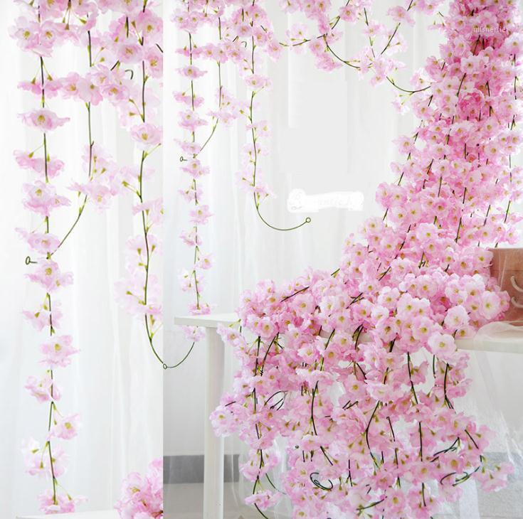 

200cm Artificial Cherry Blossoms Flower Wedding Decoration DIY Rattan Garland Simulation flowers vine Party Home wreath SN13771, Blue