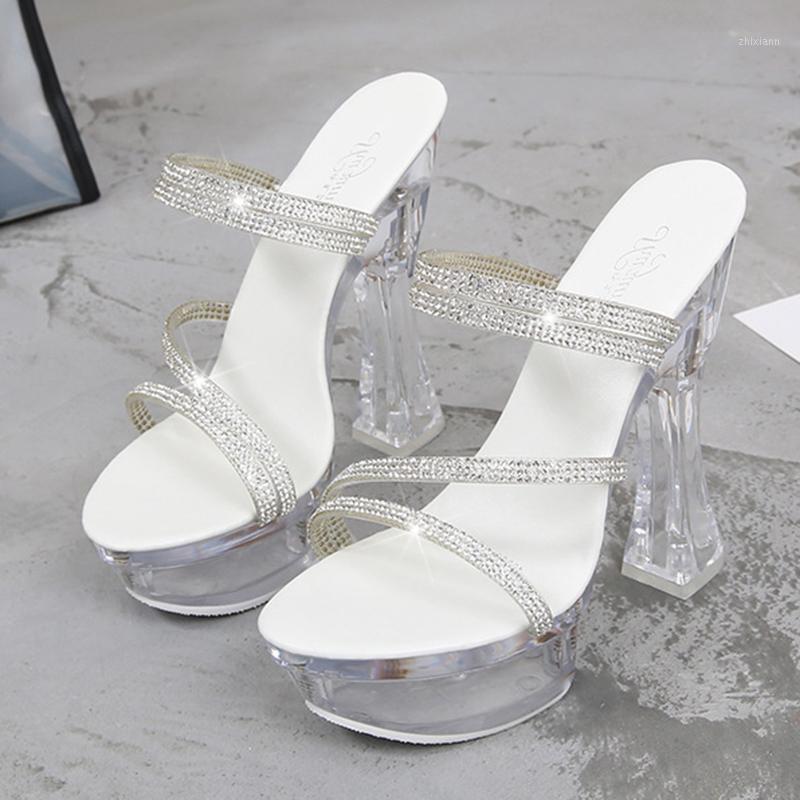 

Sandals high heel 14cm party women platform rhinestone sexy sandals ladies fashion transparent dance shoes1, White flowerless