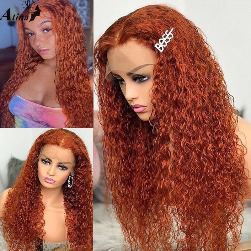 

Curly Human Hair Wig Pre Plucked Brazilian Bleach Knots Remy Orange Ginger Colored HD Transparent Lace Front Wig Closure 250, As pic
