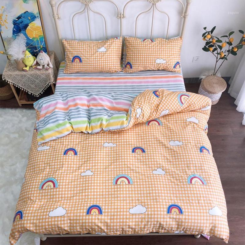 

Cute cartoon rainbow bedding set teen kid, full queen cotton single double home textile bed sheet pillow case quilt cover1, Picture color