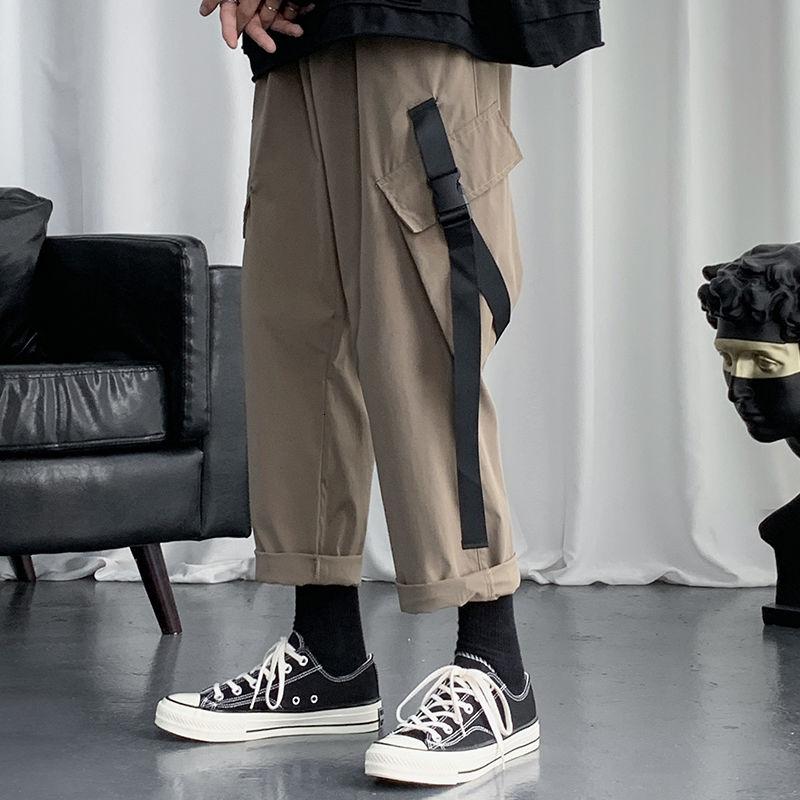 

Casual Overalls Men's Multi-pocket Straight Leg Trousers Sports Hip-hop Trend Nine-point Pants Male Loose Oversize Spring Autumn, Black