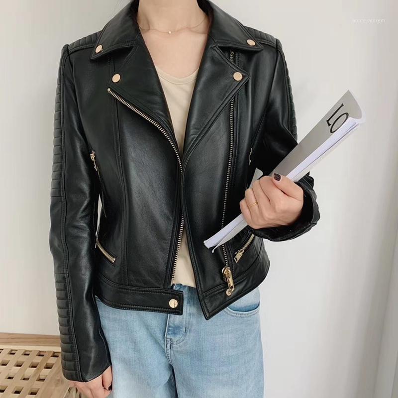 

Natural Leather Women Lambskin Leather Bomber Biker Jacket Long Sleeves 100% Sheepskin Coat H631, Black