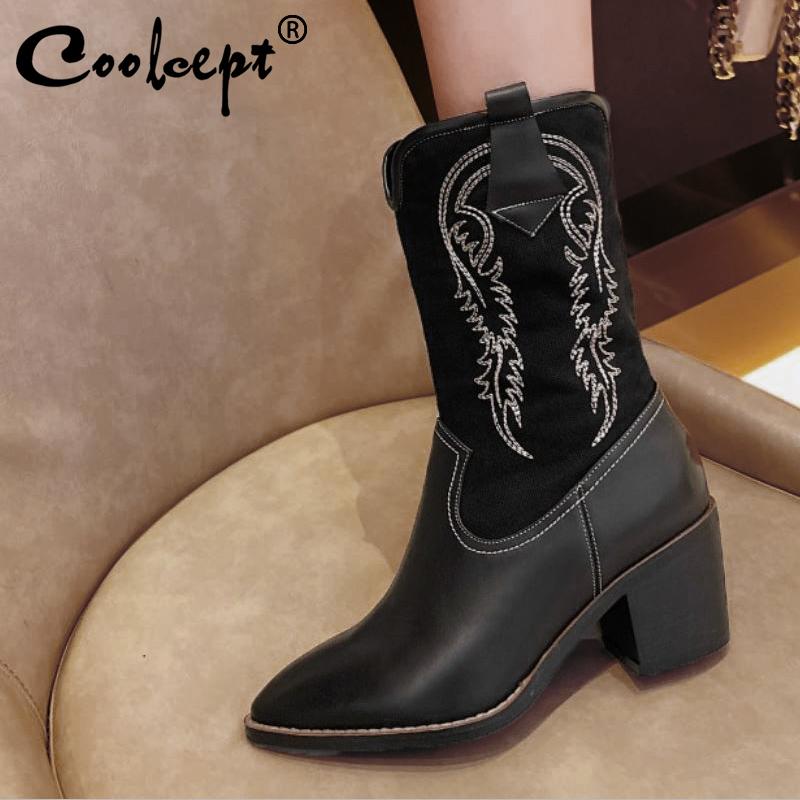 

Coolcept Real Leather Mid Calf Boots For Women Sexy Pointed Toe Square Heels Shoes Autumn Winter Warm Women Footwear Size 34-40, Beige