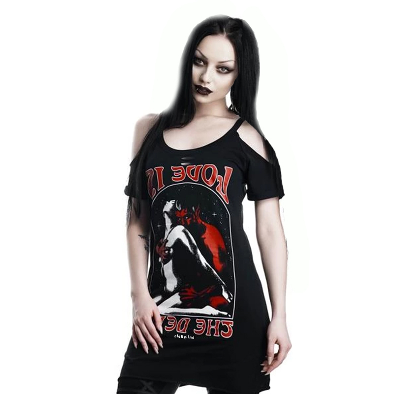 

Imily Bela Casual Gothic T-shirt Women O Neck Off Shoulder Short Sleeve Devil Print Hollow Out Long T Shirt Summer Tshirt S-3XL Y200412, Black