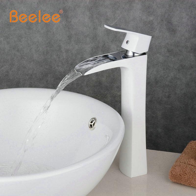 

Beelee New Arrival Tall Waterfall White Bathroom Faucet White Painted Brass Sink Faucets Vessel Basin Tap Mixer BL0556WH