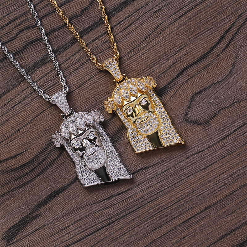 

Hip Hop Jesus Head Pendant Necklace Gold Silver Plating with Rope Chain Tennis Chain Iced Out Full Zircon Mens Necklace