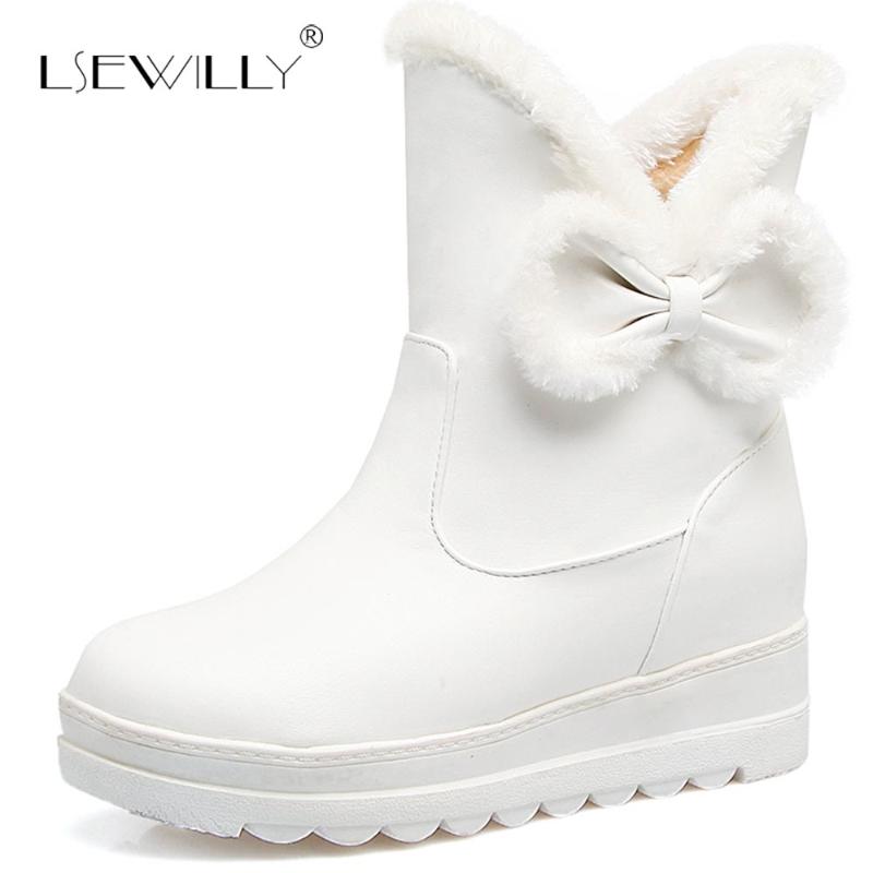 

Lsewilly Winter snow boots plush warm shoes woman wedges heel women ankle boots girl's casual bowtie shoes black pink white E66