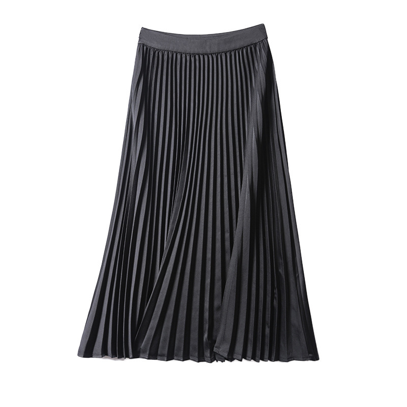 

New Midi Pleated Women 2021 Spring Plus Size Sweet Elascity High Waist Casual Solid Chiffon Paty Skirt Female Jix1, Black skirt