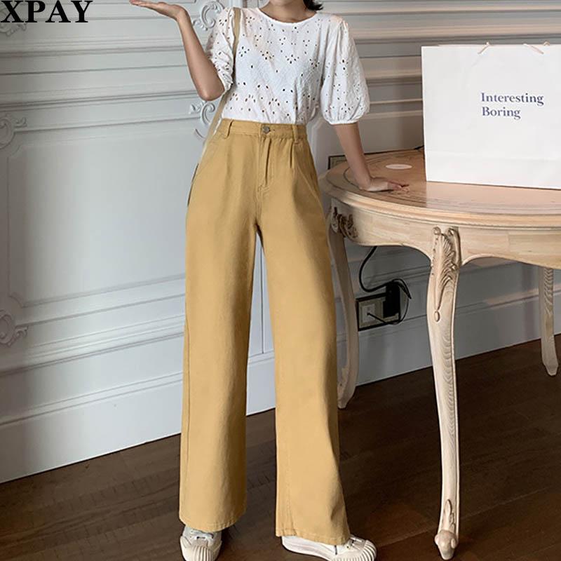 

2020 Spring Fashion Harajuku Loose Straight Pants Vintage High Waist Wide Leg Denim Streetwear High Quality Woman Tooling Jeans, Khaki