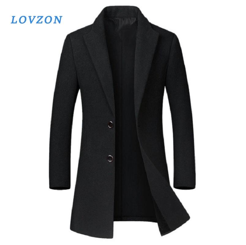 

LOVZON Winter Wool Jacket Men's High-quality Wool Coat Casual Slim Collar Coat Men's Long Cotton Collar Trench, Black