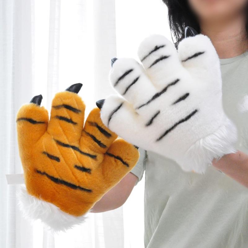 

Adult Kids Simulation Tiger Plush Gloves Striped Fluffy Animal Stuffed Toys Padded Hand Warmer Halloween Cosplay Finger
