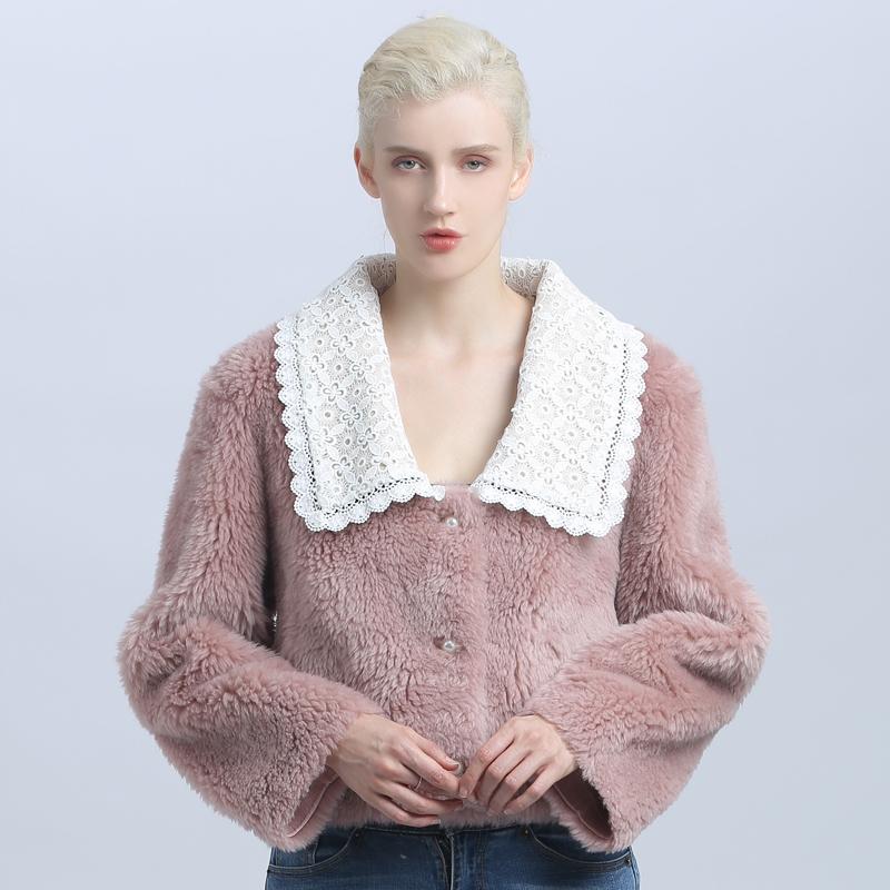 

Autumn Sheep Fur Coat Women Real Sheep Wool Fur Jackets Natural Real Coat With Pearls Ladies 2020 New Arrival Fashion, Pink coat