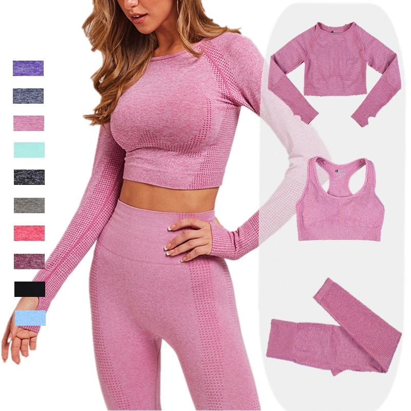 

2/3pcs Women Seamless Yoga Set Sportswear Gym Clothing Fitness Long Sleeve Crop Top High Waist Leggings Sports Suits Tracksuit Y201128, Gray