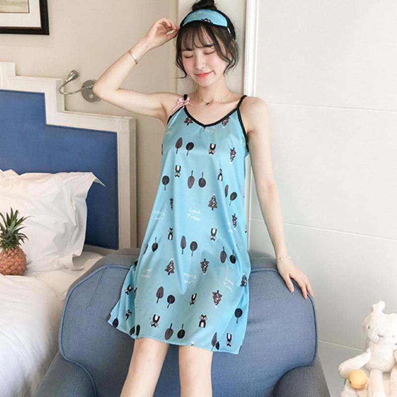 

Women's Summer Silky Cool Sling Daily Casual Nightdress Loose Dress 2019 Sexy nightgown Printed robe Red Black And Blue1, Blue