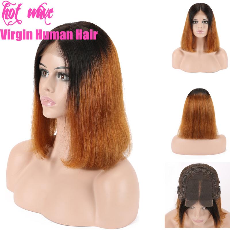 

Hot Wave Cuticle Aligned Brazilian Raw Virgin Human Hair Front Lace Frontal Bob Wig for Women Ombre Black Brown Straight, Bob wig 1b30