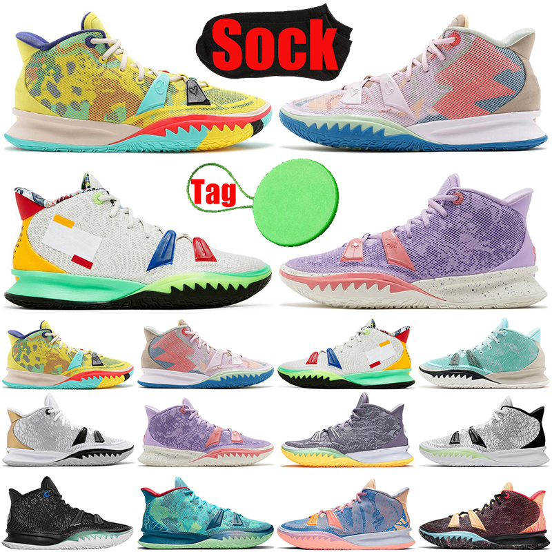 

With Sock Tag Kyrie 7 mens basketball shoes jumpman 1 World 1 People Visions Copa BK Black Metallic Daughters Special FX men trainers sports sneakers, #7 daybreak