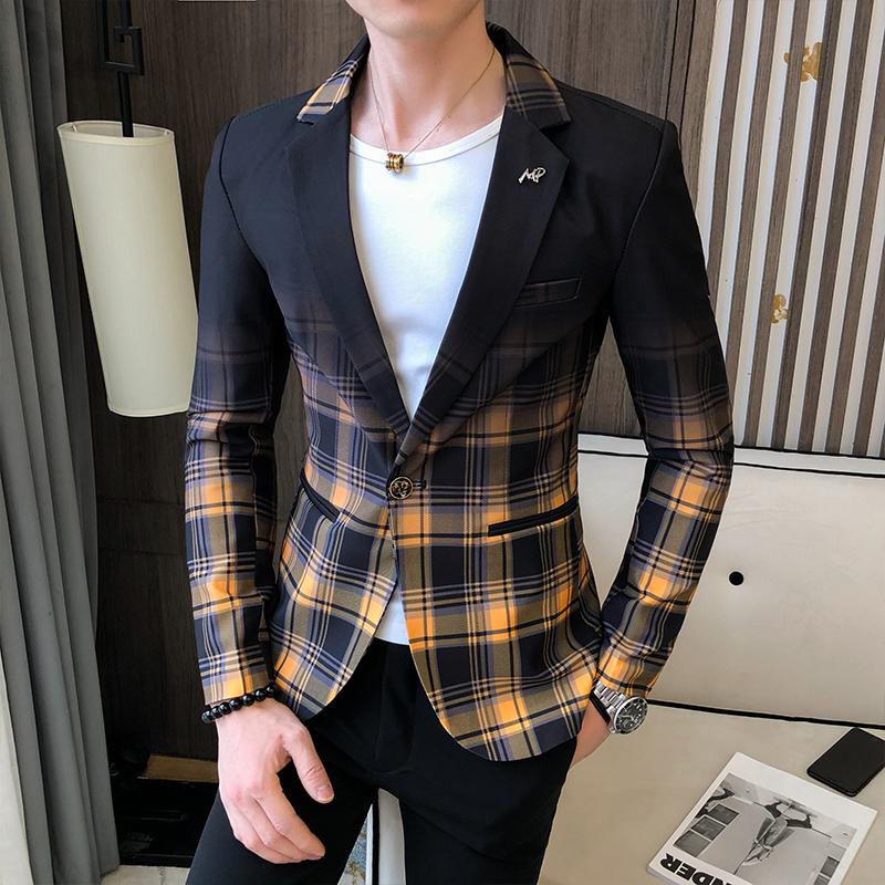 

Men Plaid Blazer 2021 Spring Fashion Contrast Color Grid Pattern Suit Jakect Splicing Slim Casual Male Dress Coat, Gray