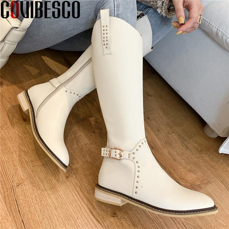 

COVIBESCO Women Knee-High Boots Genuine Leather Shoes Woman New Rivet Fashion Concise Casual Low Heels Long Boots Autumn Winter, Mibair