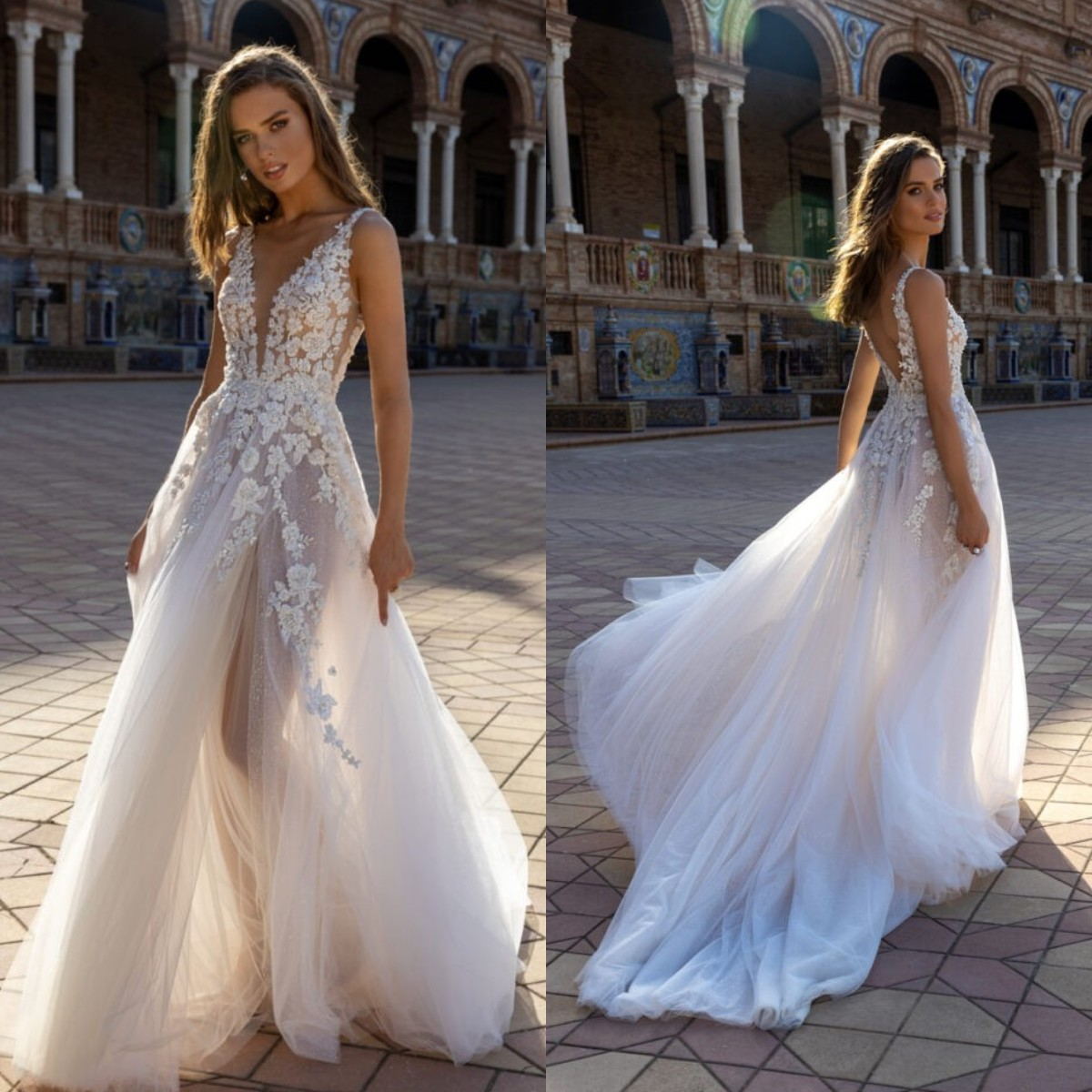 

2021 A-Line Wedding Dresses V Neck Sleeveless Lace Appliques Bridal Gowns Custom Made Sexy Backless Sweep Train A Line Wedding Dress, White