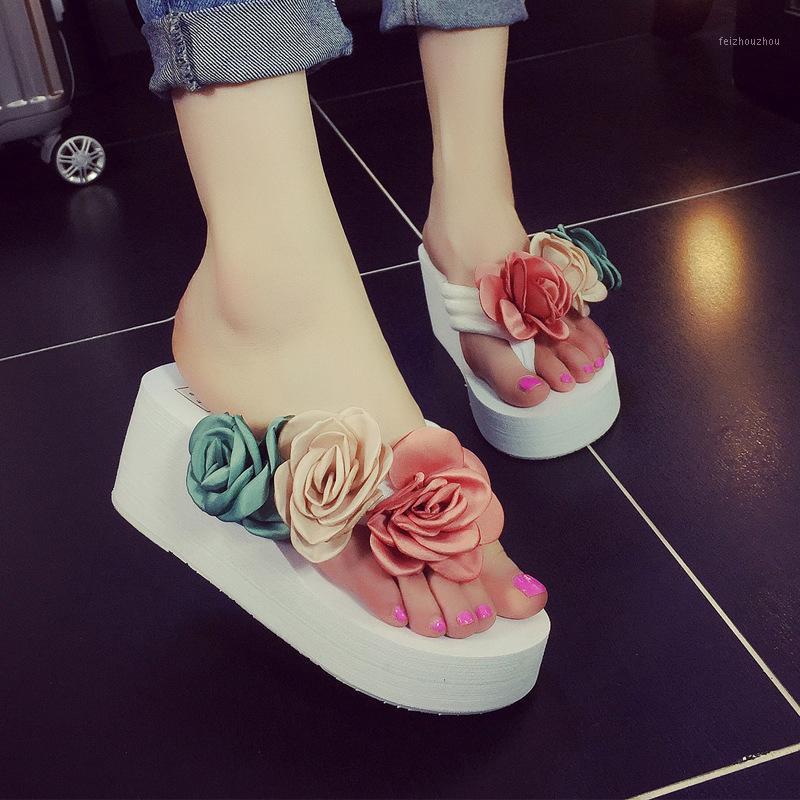 

6 Cm High Heel Women's Three Flowers Herringbone Muffin Slippers High-heeled Ladies Herringbone Slippers Summer Female Sandals1, Blue