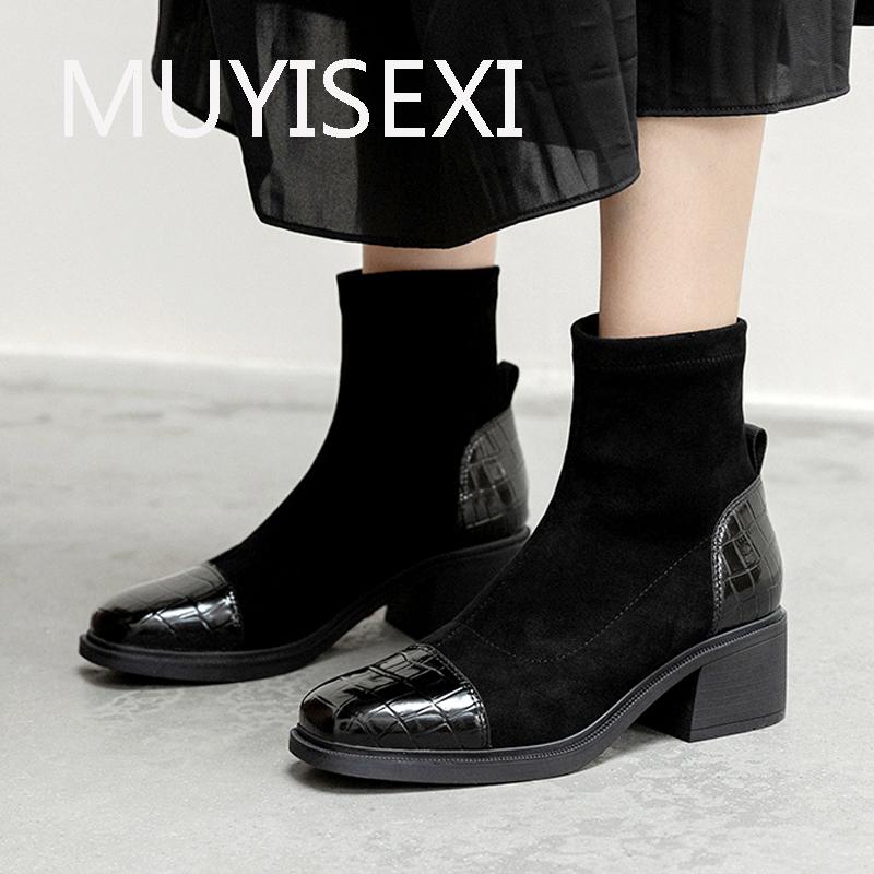

Streetwear luxury European design cow leather grid round toe slip on warm 5.5cm high heel fashion cozy ankle boots AM46 MUYISEXI, Black