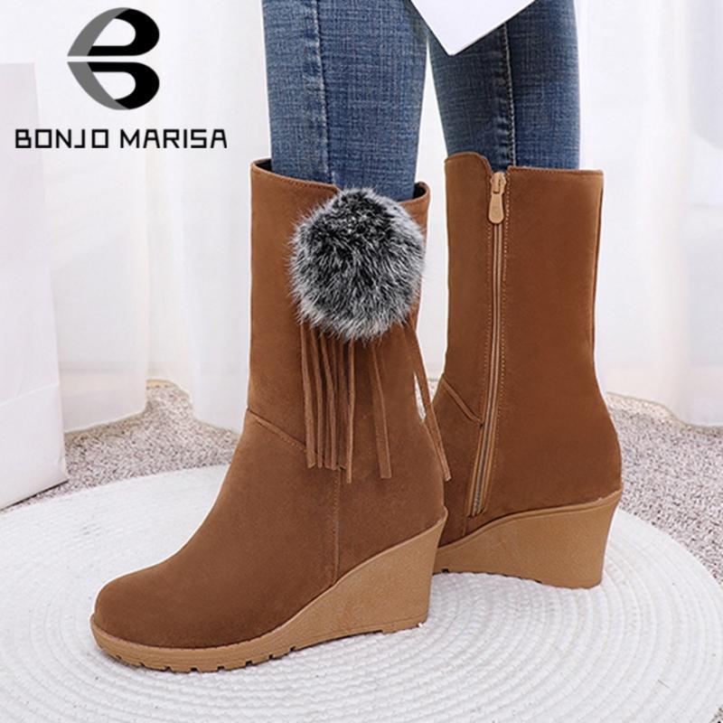 

BONJOMARISA Retro Lady Solid Wedges Female Boots Zipper Solid Flock Mid Calf Boots Women Fashion Brand Winter Women Shoes1, Black