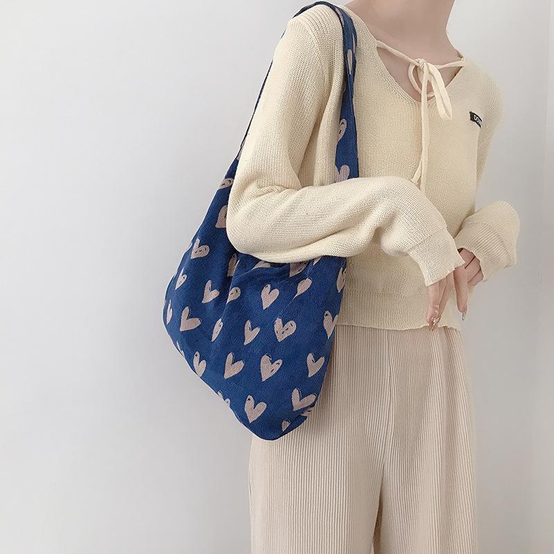 

Youda New 2021 Women's Love Pattern Corduroy Shoulder Bag Retro Corduroy Beautiful Handbag Book Shopping Bags for Girls, Blue
