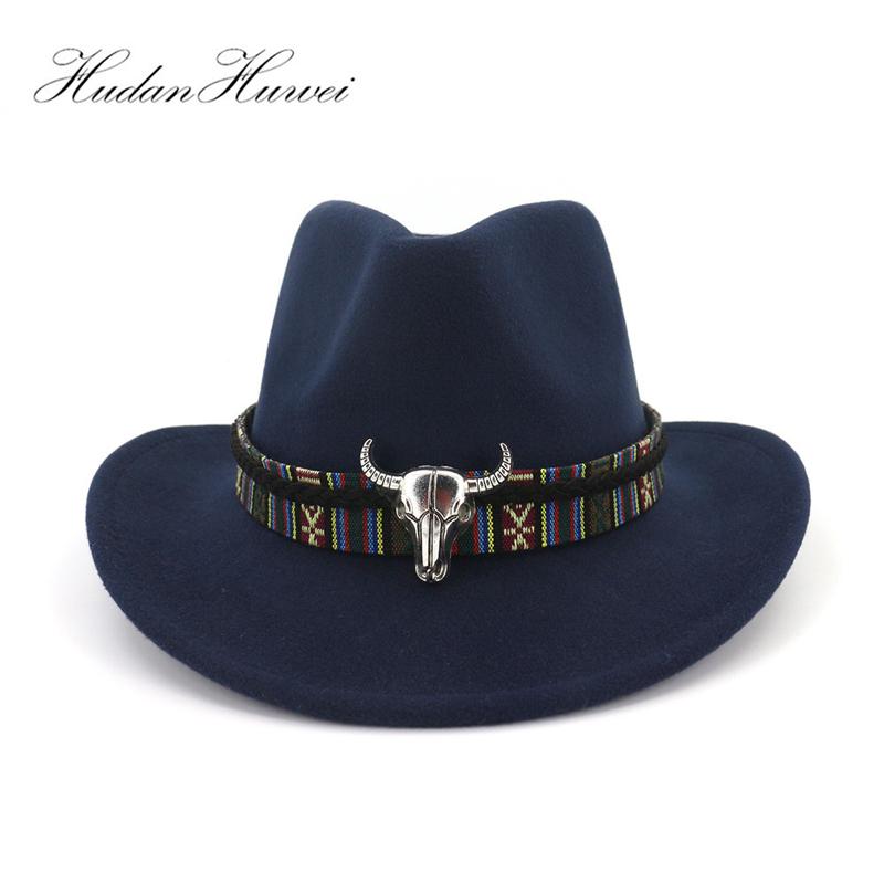 

Wide Brim Western Cowboy Jazz Hat Cap Men Women Wool Felt Fedora Hats Ribbon Metal Bullhead Decorated Black Panama Cap