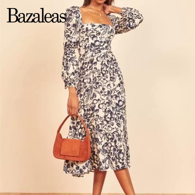 

Bazaleas Spring Long Sleeve Vestidos Boho Grey Floral Print Midi Dress Women Square Collar Dresses Female, C956 grey n1067