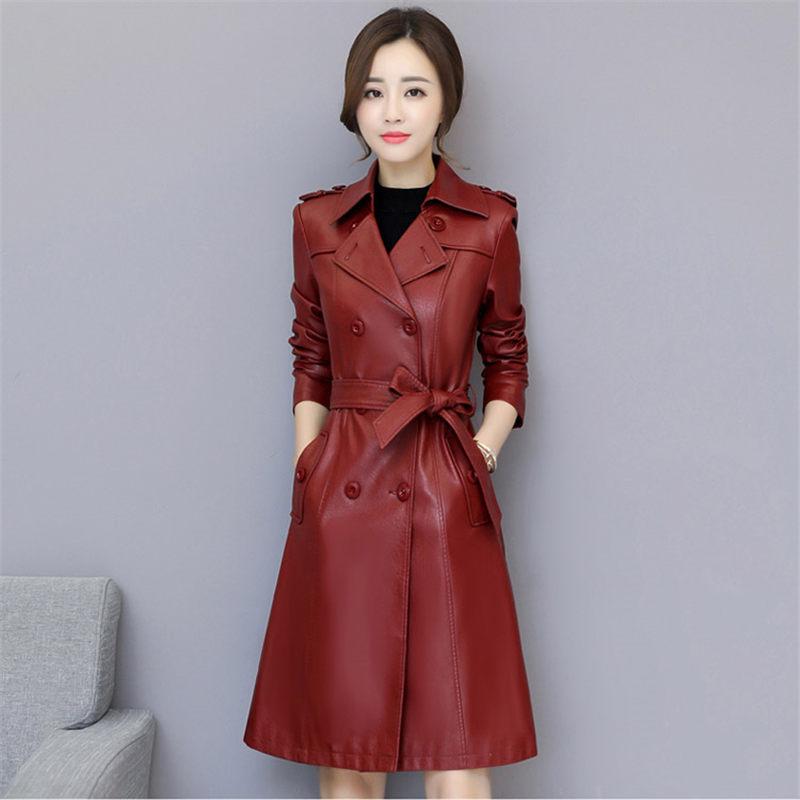 

Autumn and Winter New Leather Jacket Women's Long Section Leather Windbreaker Plus Size Coat Fashion Slim Ladies Outwear f1927, Black