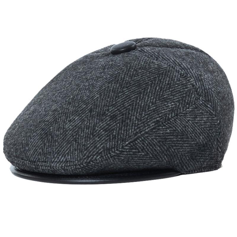 

HT3354 Berets Men Autumn Winter Hat Beret Cap Men Thick Warm Wool Beret Hat Elder Man Dad Earflap Cap Male Ivy Newsboy Flat, Black