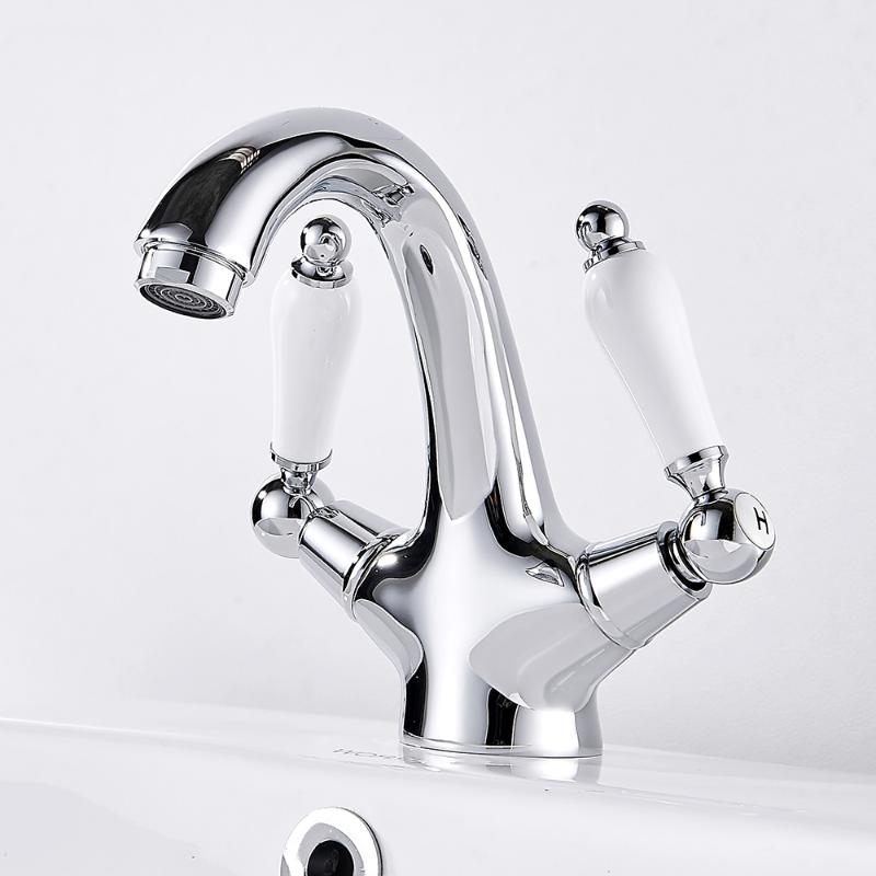 

Bathroom Ceramic Double Handle Mixer Tap Traditional Basin Sink Mixer Tap Hot and Cold Water Faucet Washbasin Faucet