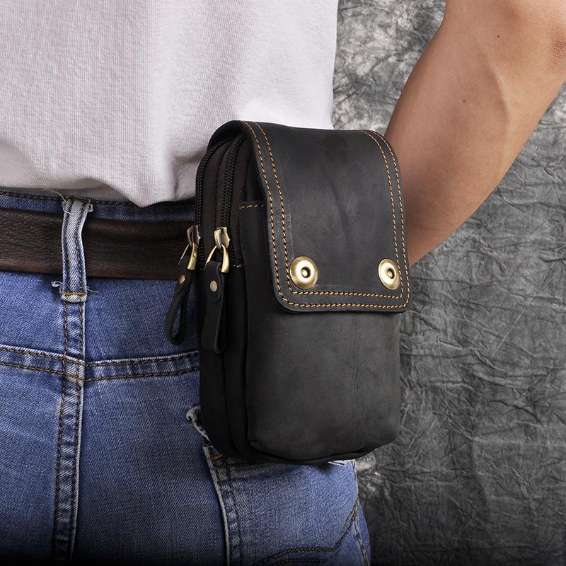 

Fashion Real Leather Small Summer Pouch Hook Fanny Waist Pack Bag Cigarette Case 6" Phone Pouch Waist Belt Bag 011-g, Black